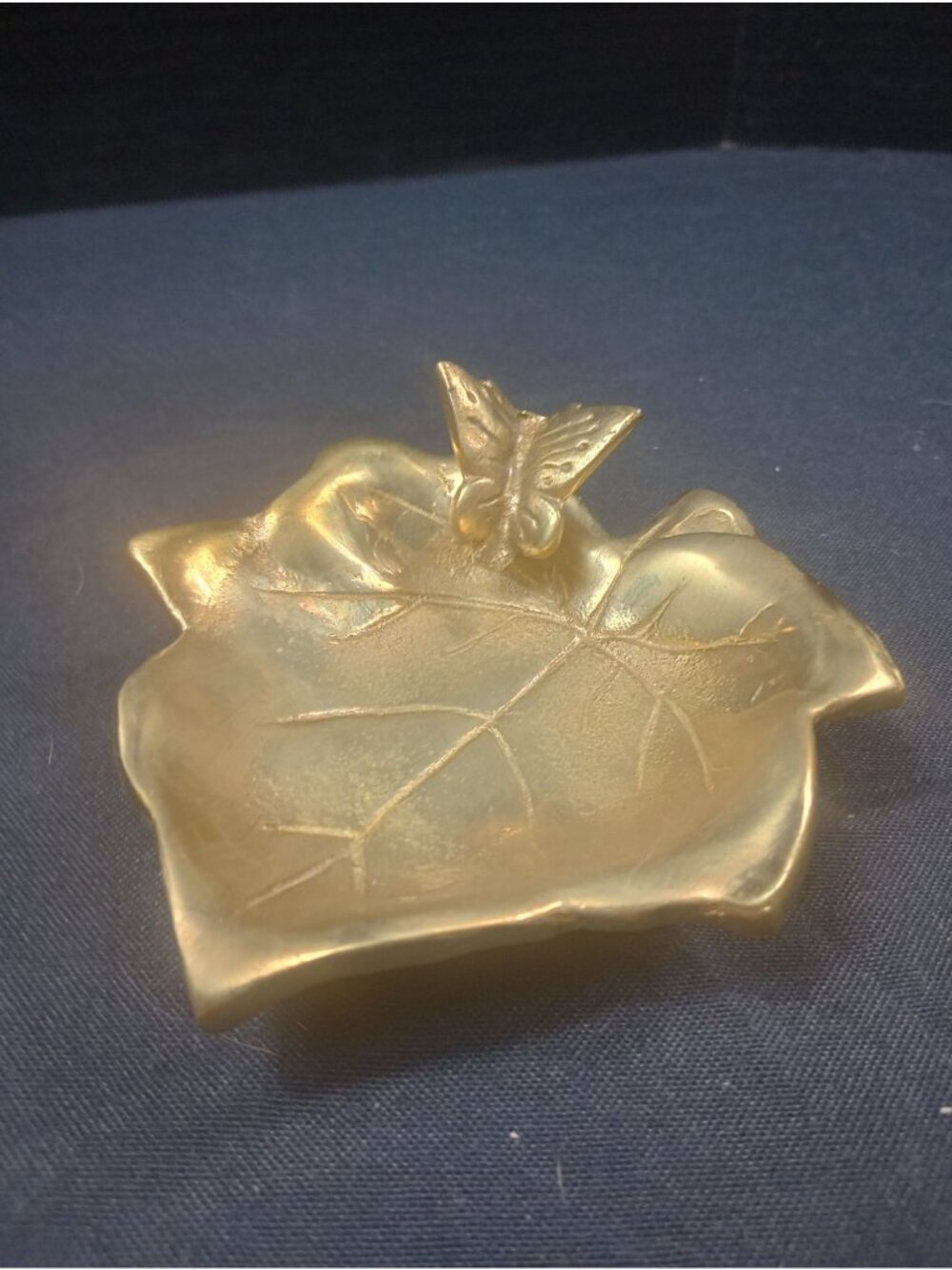 Vintage Brass Trinket Dish Intricate Shape Of An Etched Leaf & Butterfly Ashtray